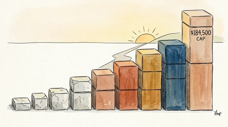 An ink and watercolor illustration of a rising block graph representing lifetime earnings building a path toward retirement.