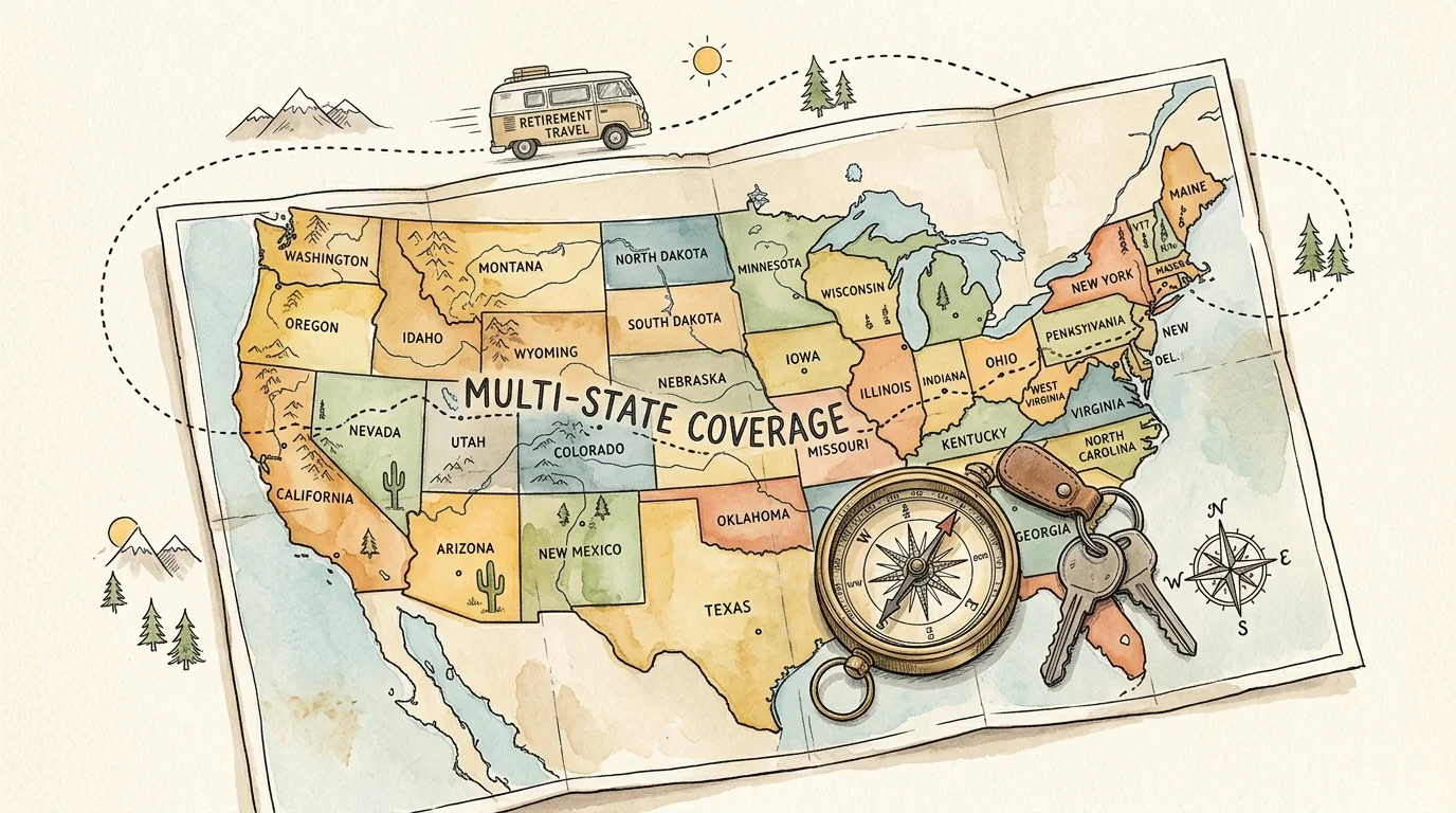 An ink and watercolor illustration of a road map, compass, and car keys, emphasizing the need for multi-state coverage.