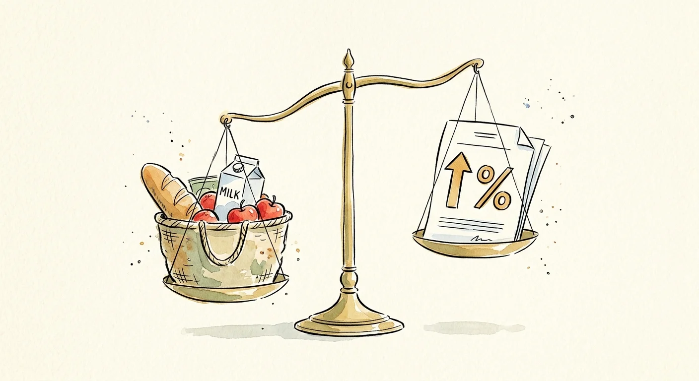 An ink and watercolor illustration of a scale balancing a grocery basket with an upward-pointing arrow representing COLA.