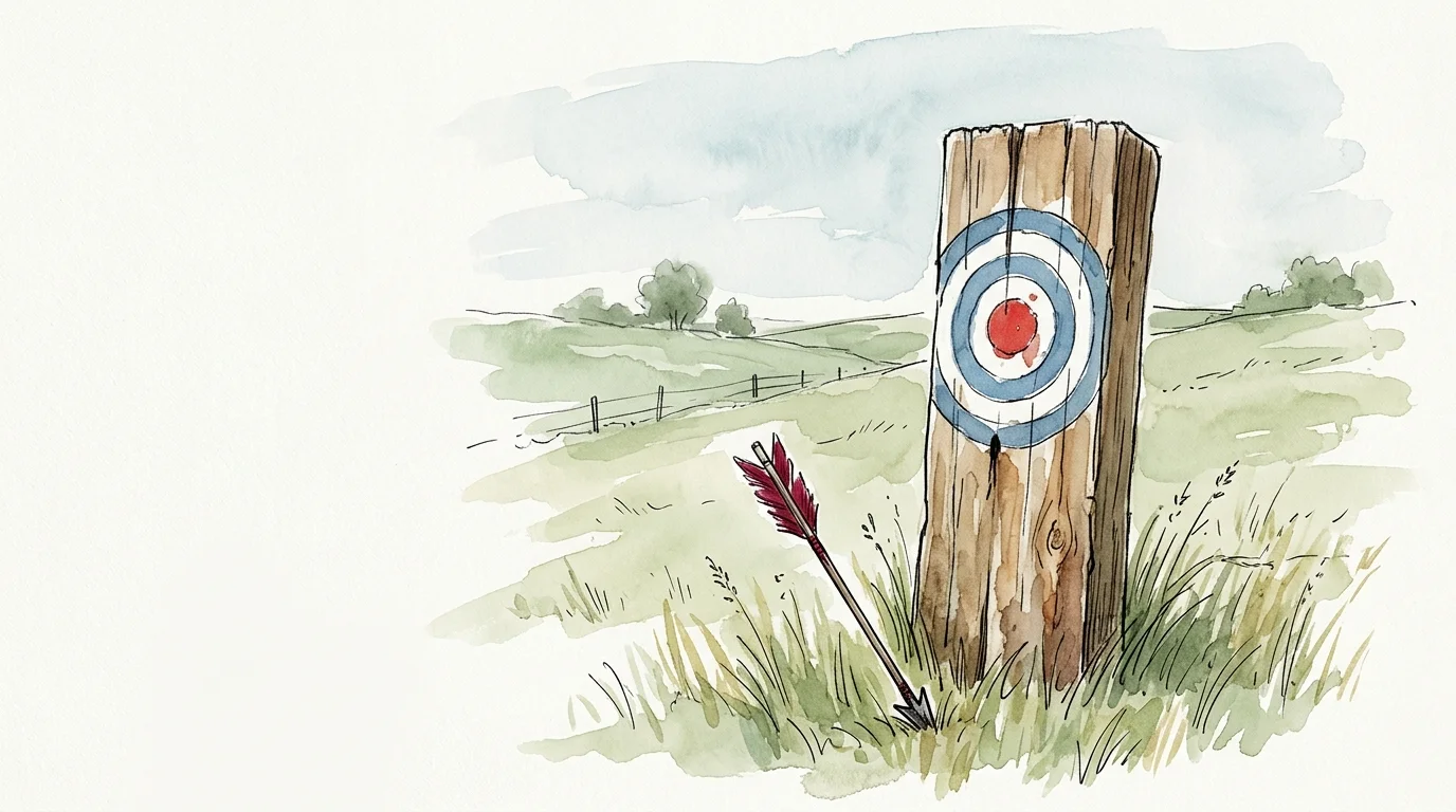 An ink and watercolor illustration of an arrow landing just below a target painted on a rustic fence post.