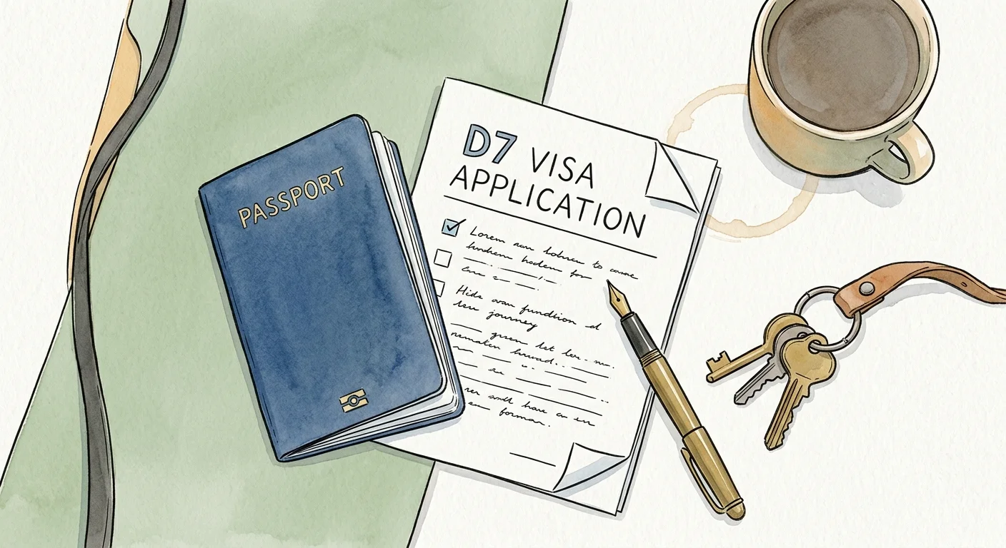 An ink and watercolor illustration of an open passport, a D7 visa application form, and a brass key on a clean desk.