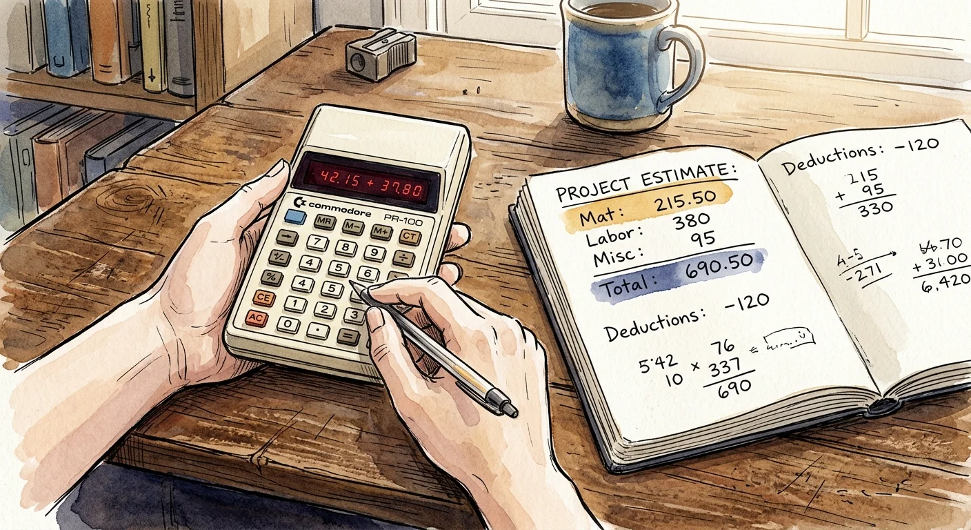 An ink and watercolor illustration of hands using a calculator next to a notebook, symbolizing personal financial calculation.