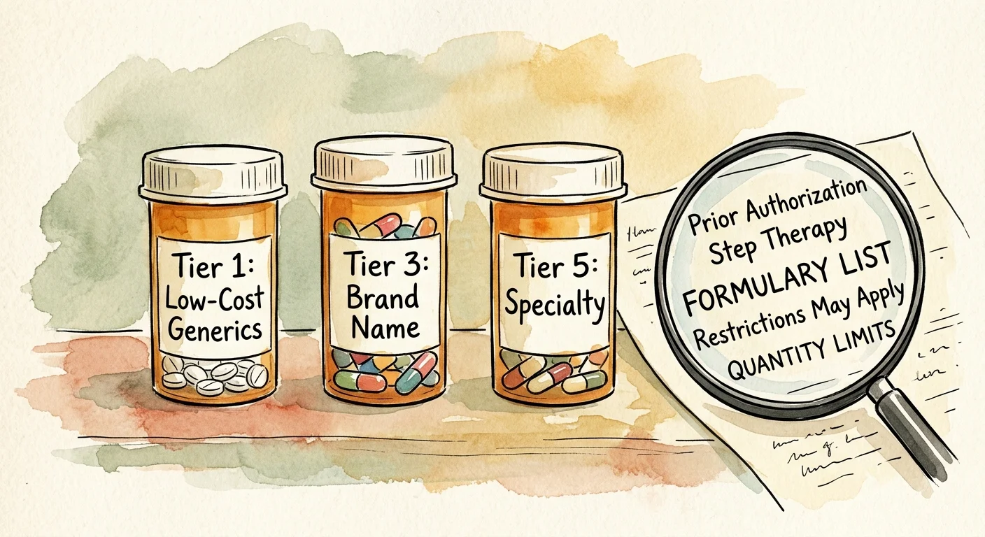 An ink and watercolor illustration of prescription bottles and a formulary sheet highlighting plan tiers and drug restrictions.