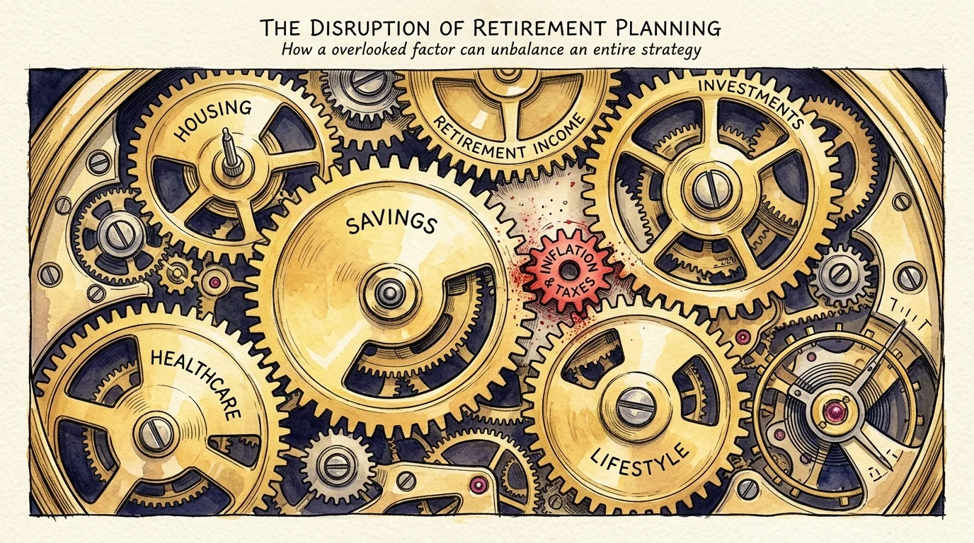 An ink and watercolor illustration of watch gears labeled with retirement expenses, with one red gear slipping out of place.