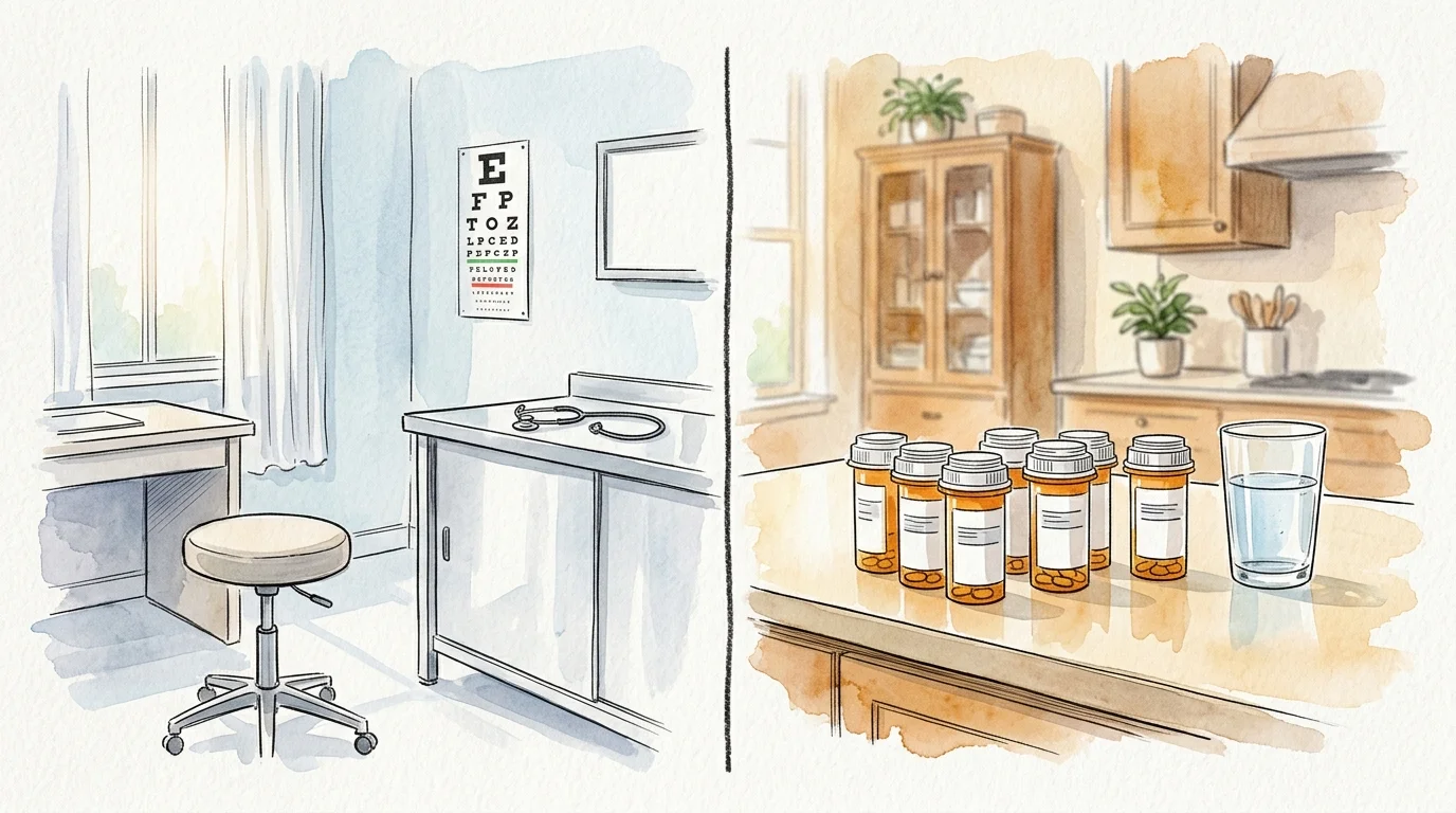 An ink and watercolor illustration showing a doctor's clinic exam chair on the left, and home prescription bottles on the right.