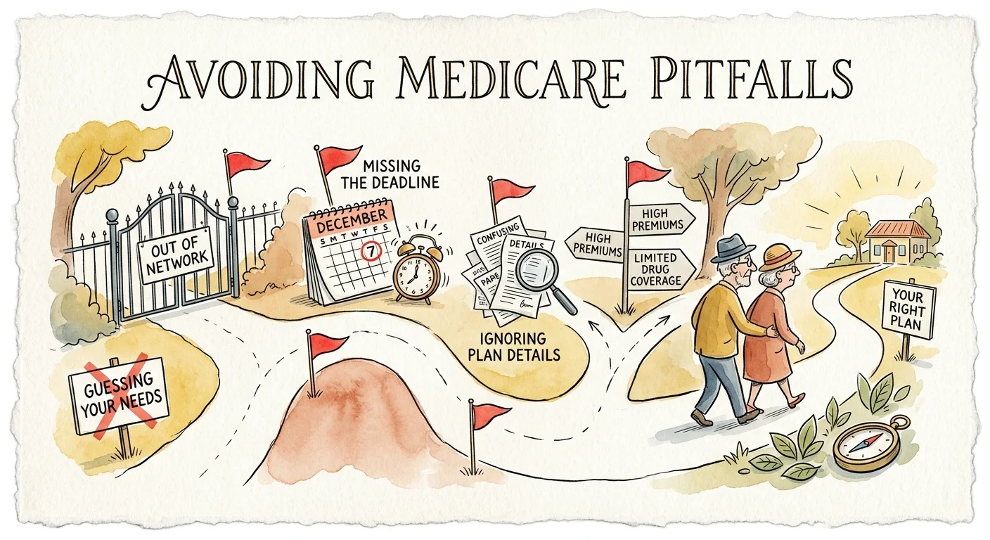 An ink and watercolor illustration showing a path with warning flags for common Medicare mistakes like missing deadlines.