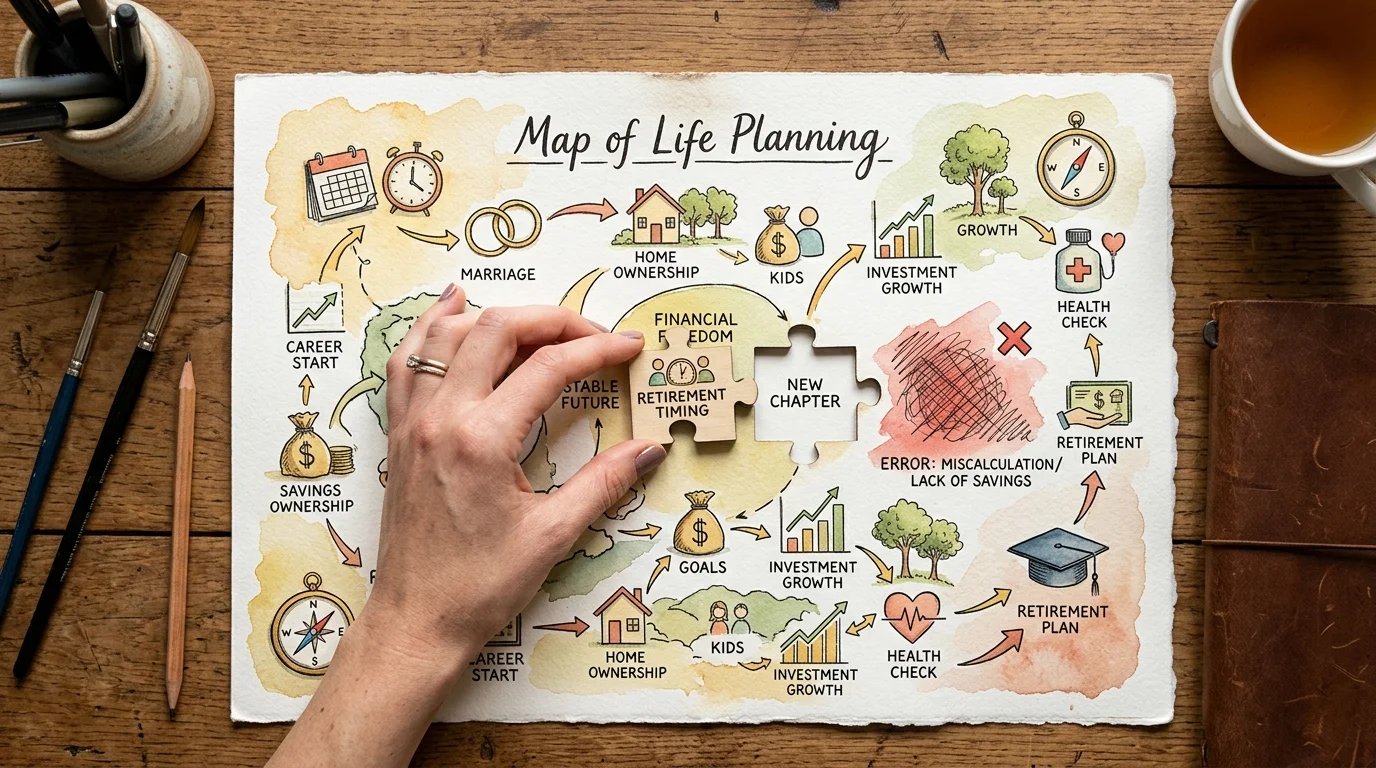 An ink and watercolor sketch of a hand placing a puzzle piece on a life planning map, symbolizing strategic retirement choices.