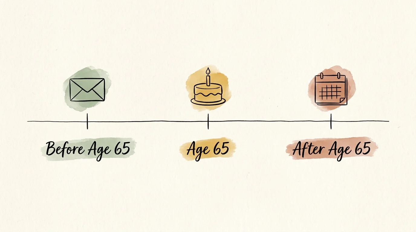 An ink and watercolor timeline showing key enrollment milestones before, during, and after age 65.