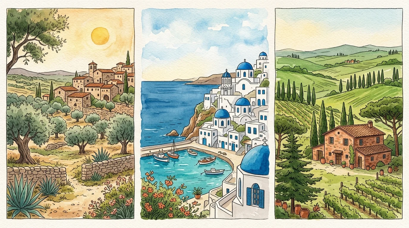 An ink and watercolor triptych illustration showing beautiful landscapes of rustic Spain, coastal Greece, and rolling Italy.