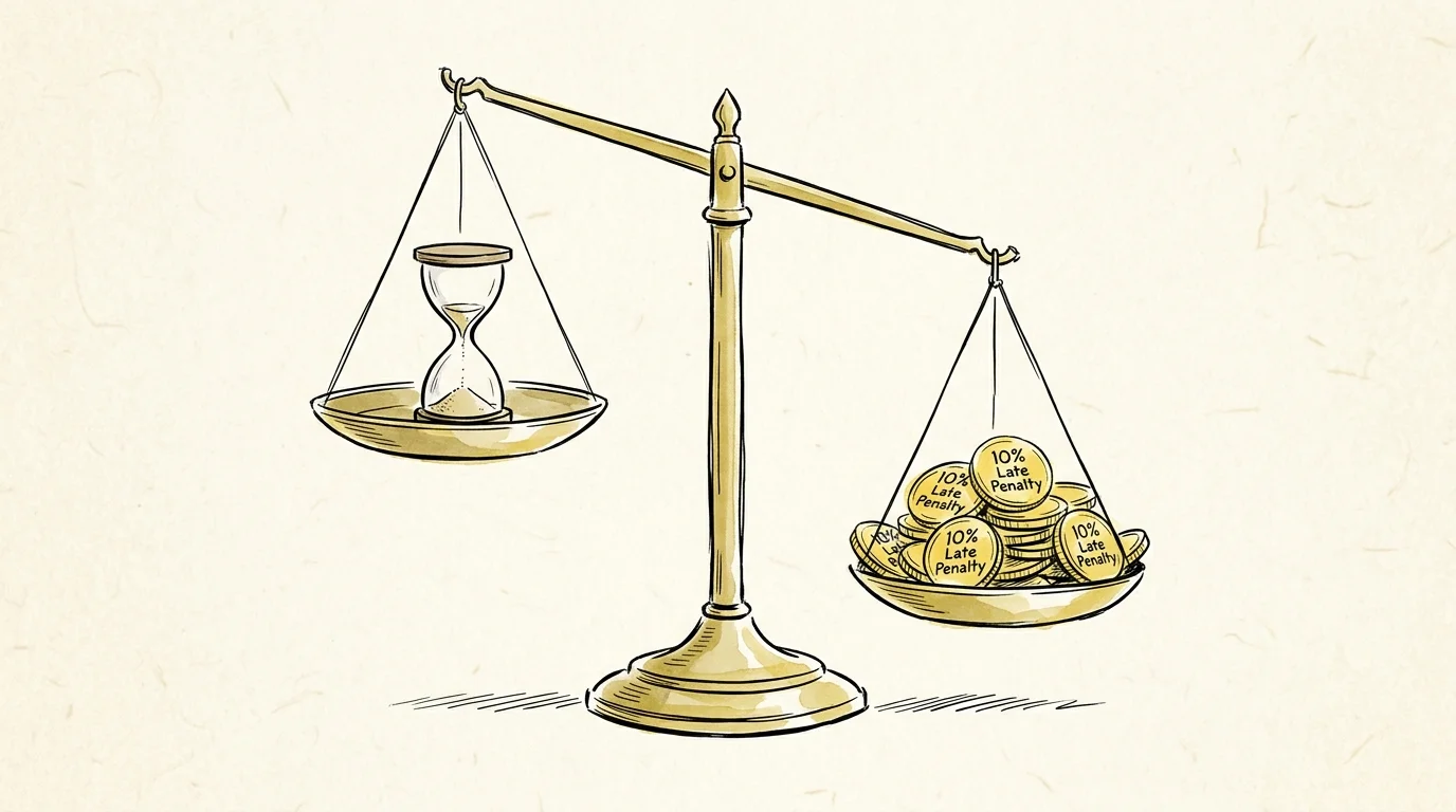 An ink sketch of a balance scale with an empty hourglass on one side and heavy coins labeled 10% Late Penalty on the other.