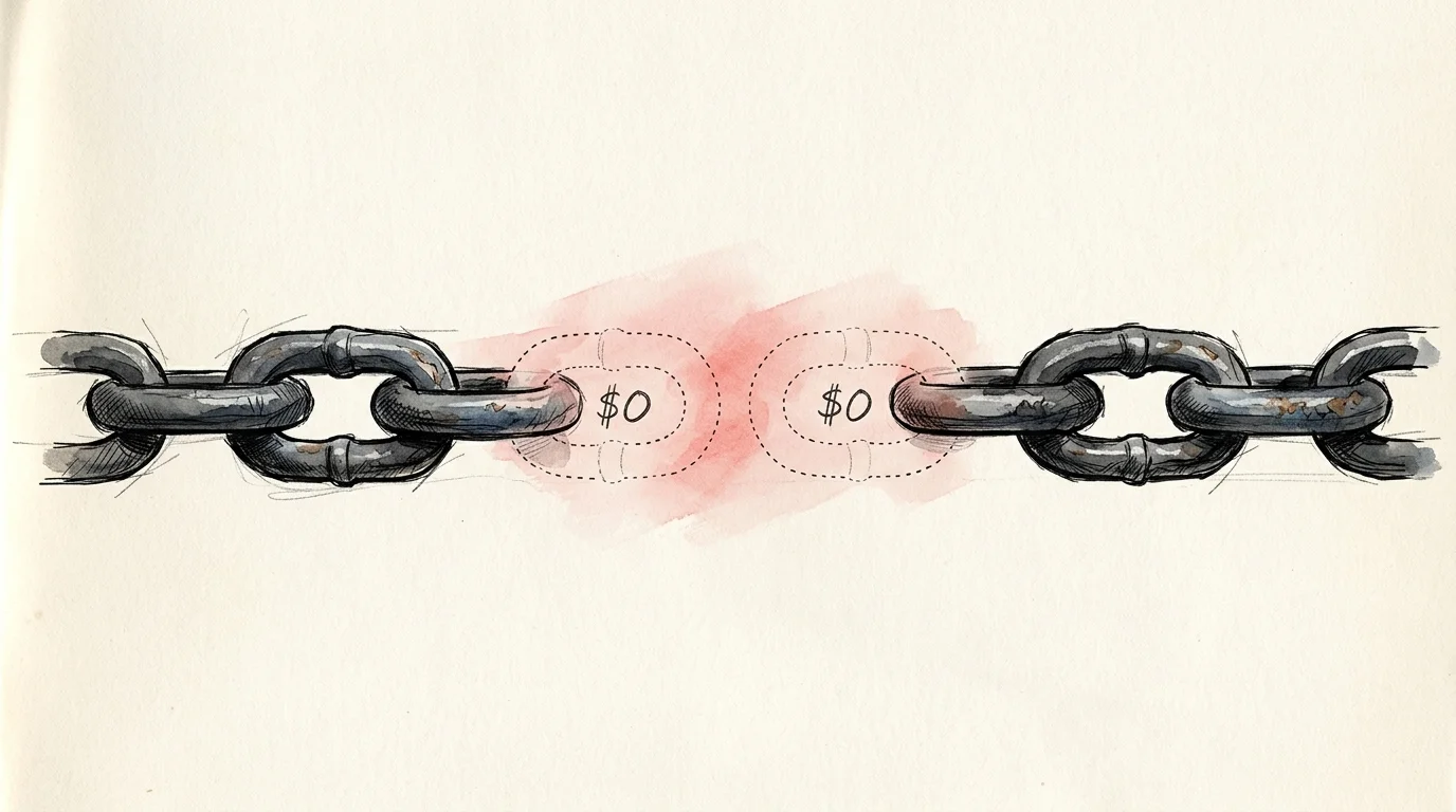 An ink sketch showing a chain with missing links labeled zero dollars, illustrating the impact of gaps in your work history.