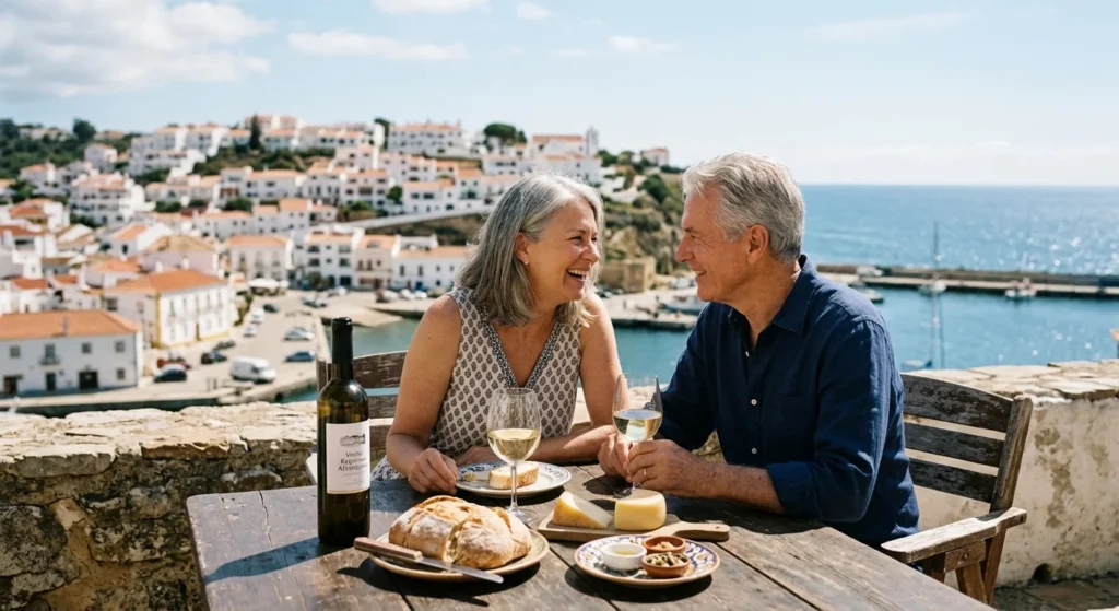 An older couple enjoys lunch on a sunny stone terrace overlooking a coastal Portuguese town with terracotta roofs and a blue sea.