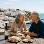 An older couple enjoys lunch on a sunny stone terrace overlooking a coastal Portuguese town with terracotta roofs and a blue sea.