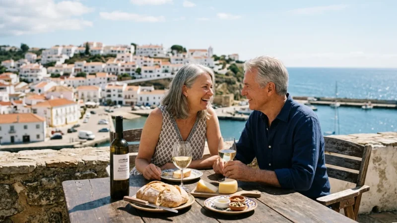 An older couple enjoys lunch on a sunny stone terrace overlooking a coastal Portuguese town with terracotta roofs and a blue sea.