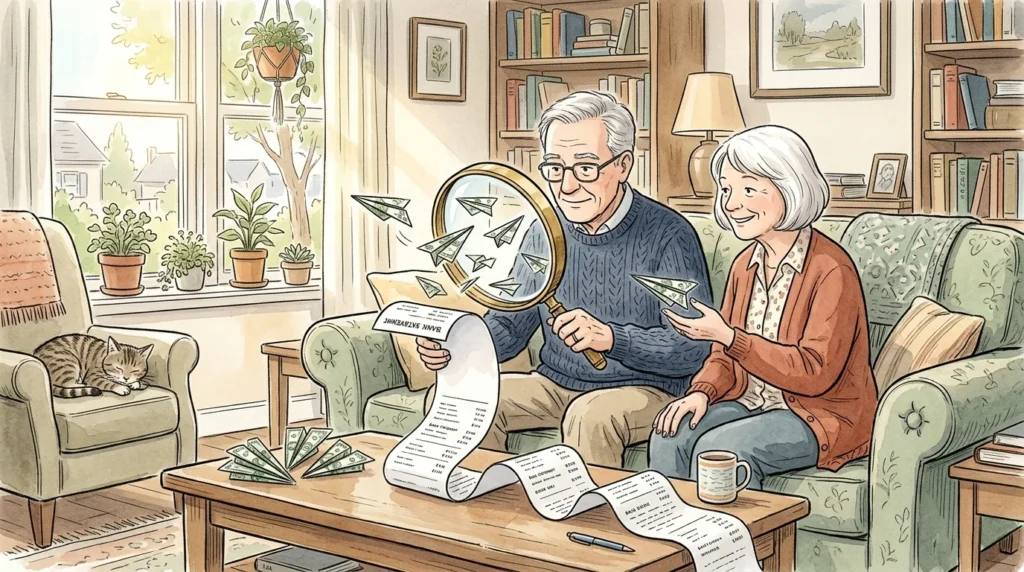 An older couple in a cozy living room reviews a bank statement with a magnifying glass as paper money-airplanes float up.