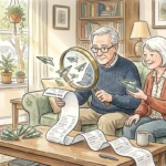 An older couple in a cozy living room reviews a bank statement with a magnifying glass as paper money-airplanes float up.