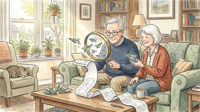 An older couple in a cozy living room reviews a bank statement with a magnifying glass as paper money-airplanes float up.