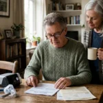 An older couple in their home kitchen reviewing Medicare documents next to a CPAP medical device on the table.
