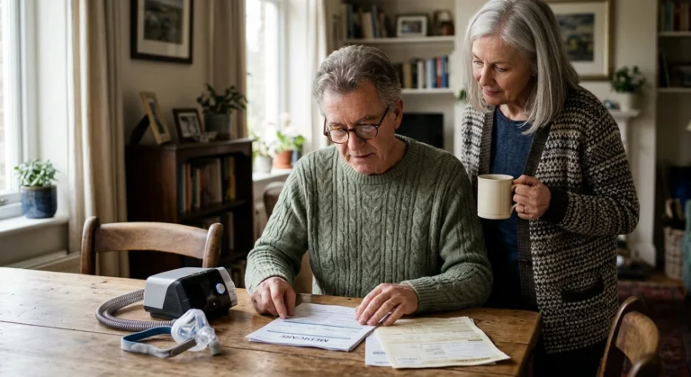 An older couple in their home kitchen reviewing Medicare documents next to a CPAP medical device on the table.