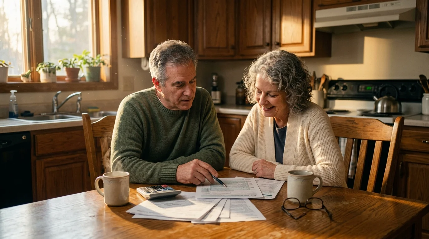 An older couple in their late sixties reviewing financial documents together at a sunlit oak kitchen table.