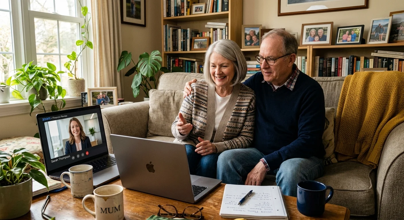 An older couple in their living room has a video consultation with a professional advisor on a laptop.