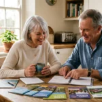 An older couple reviewing retirement planning documents together at a sunlit kitchen table, capturing a warm and organized moment.