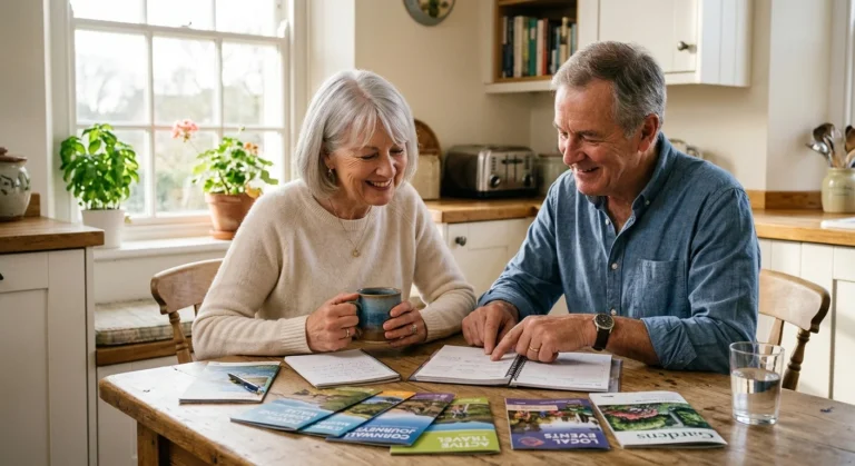 An older couple reviewing retirement planning documents together at a sunlit kitchen table, capturing a warm and organized moment.