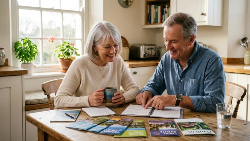An older couple reviewing retirement planning documents together at a sunlit kitchen table, capturing a warm and organized moment.