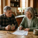 An older couple reviews Medicare paperwork at their kitchen table in warm morning light.