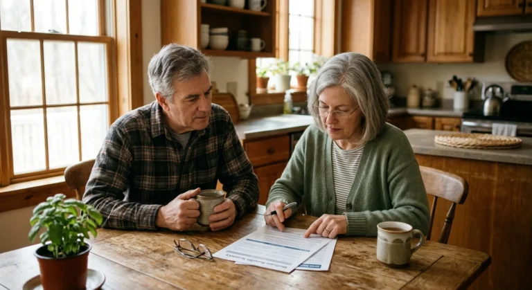 An older couple reviews Medicare paperwork at their kitchen table in warm morning light.