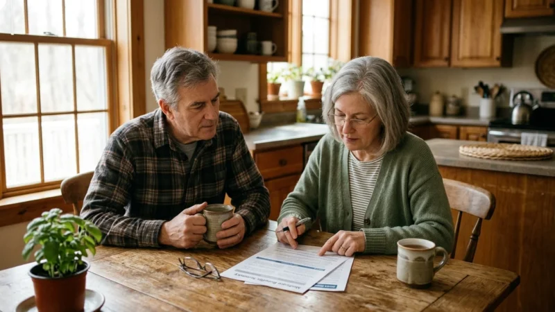An older couple reviews Medicare paperwork at their kitchen table in warm morning light.