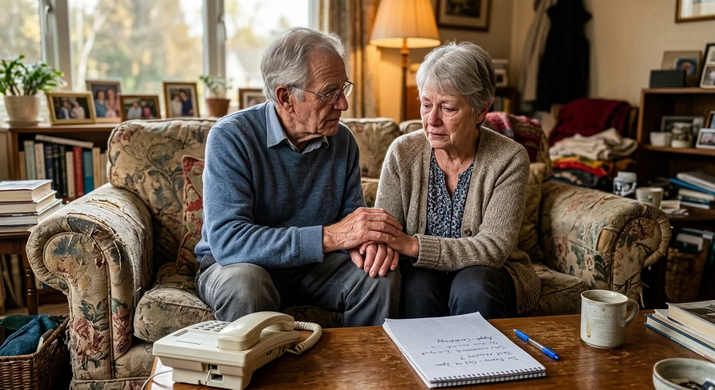 An older couple sits anxiously on their sofa near a telephone, holding hands while waiting for medical news.