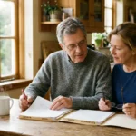 An older couple sits at a wooden kitchen table in morning light, carefully reviewing Medicare paperwork and calendars.