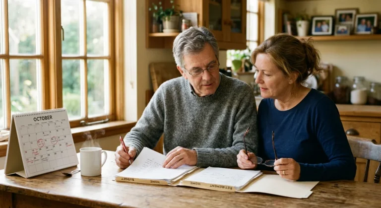 An older couple sits at a wooden kitchen table in morning light, carefully reviewing Medicare paperwork and calendars.
