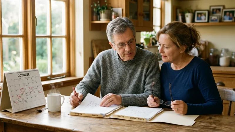 An older couple sits at a wooden kitchen table in morning light, carefully reviewing Medicare paperwork and calendars.