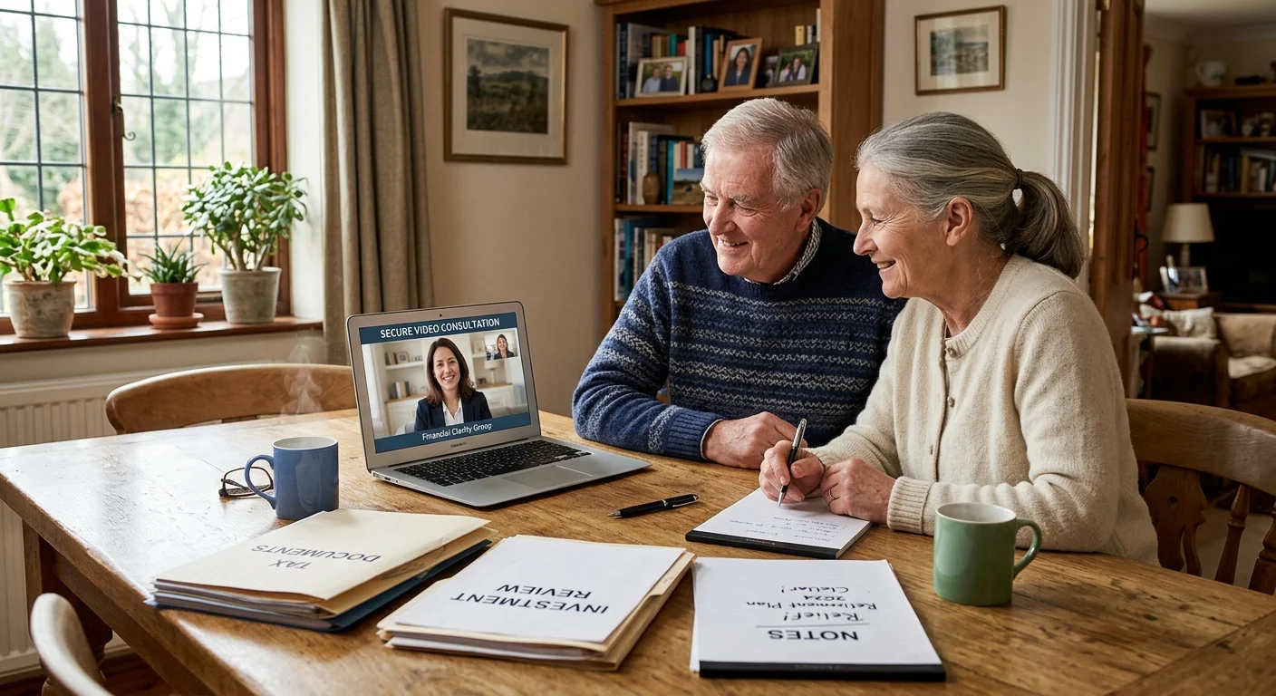 An older couple sits at a wooden table covered in tax documents, having a video consultation with a professional advisor on a laptop.