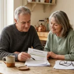 An older couple sitting at a sunlit kitchen table reviewing financial documents together in a warm, candid moment.