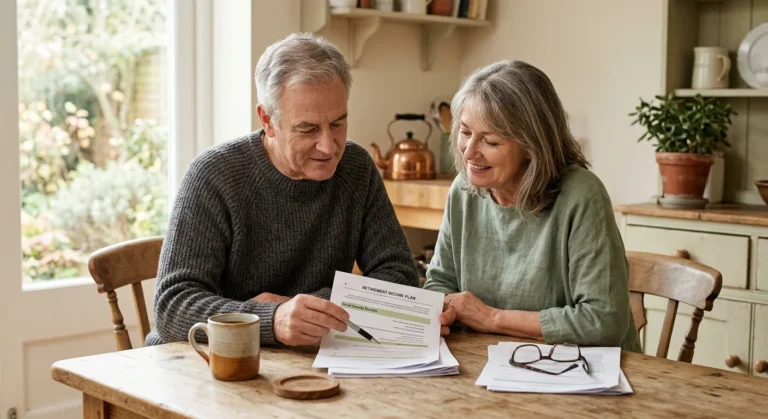 An older couple sitting at a sunlit kitchen table reviewing financial documents together in a warm, candid moment.