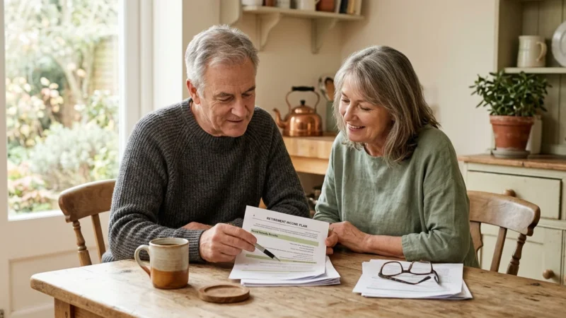 An older couple sitting at a sunlit kitchen table reviewing financial documents together in a warm, candid moment.