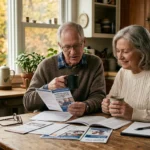 An older couple sitting at a wooden kitchen table reviewing Medicare booklets together in warm morning light.