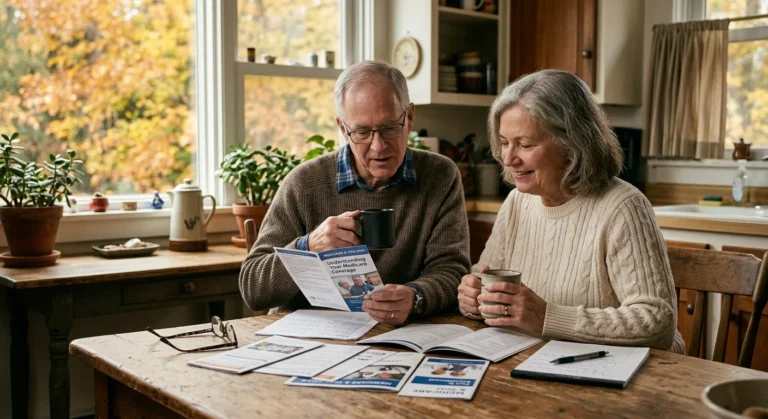 An older couple sitting at a wooden kitchen table reviewing Medicare booklets together in warm morning light.