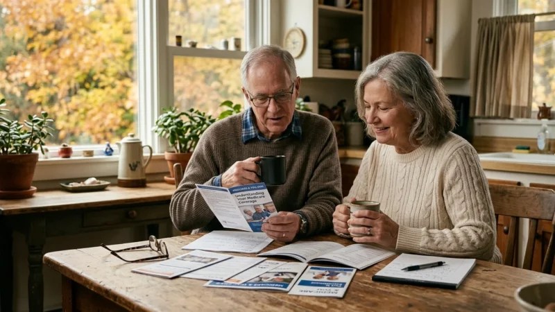 An older couple sitting at a wooden kitchen table reviewing Medicare booklets together in warm morning light.