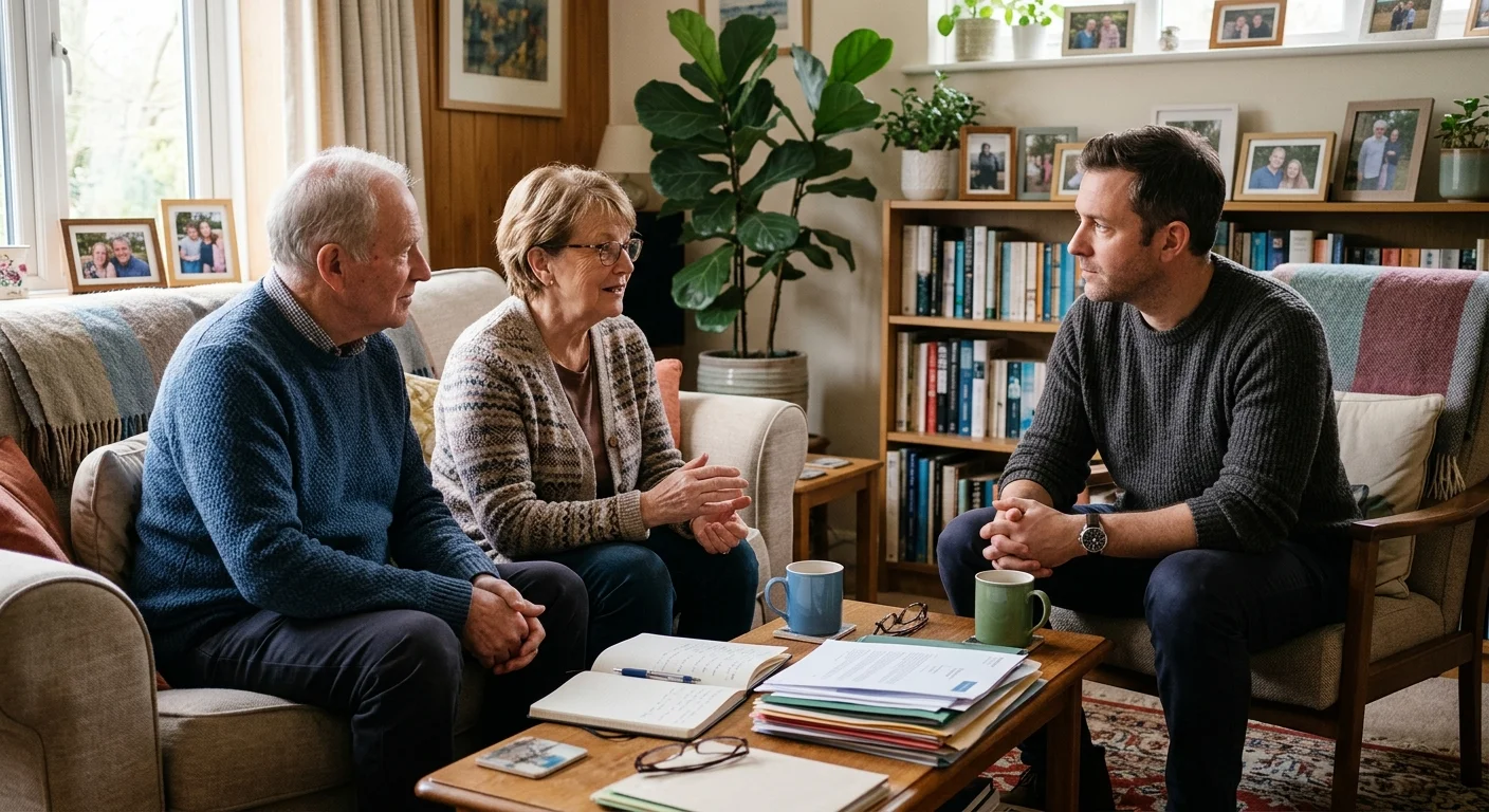 An older couple sitting in their living room, talking with an empathetic advocate about their claim.