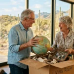 An older couple smiling as they unpack boxes in a sunlit living room with desert views outside.