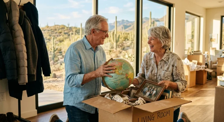 An older couple smiling as they unpack boxes in a sunlit living room with desert views outside.