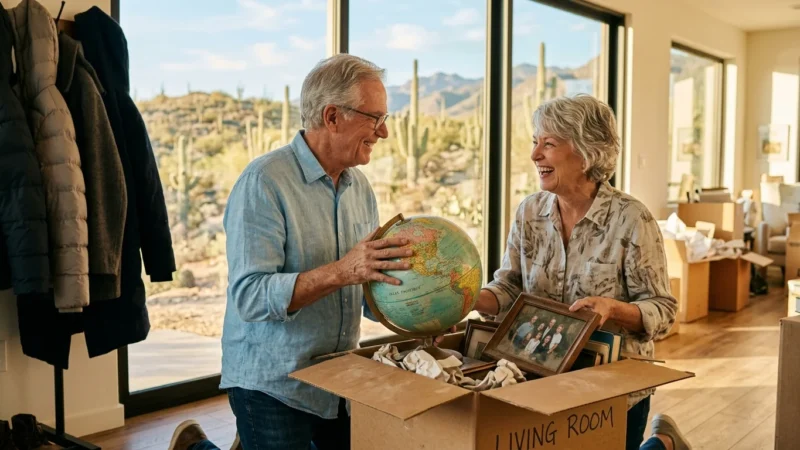 An older couple smiling as they unpack boxes in a sunlit living room with desert views outside.