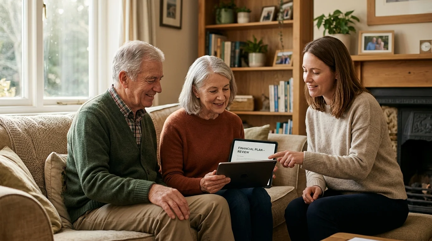 An older couple talks with a casual advisor in their living room while looking at a tablet screen.