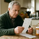 An older man at a wooden kitchen table reviews a long pharmacy receipt next to a prescription bottle in warm morning light.