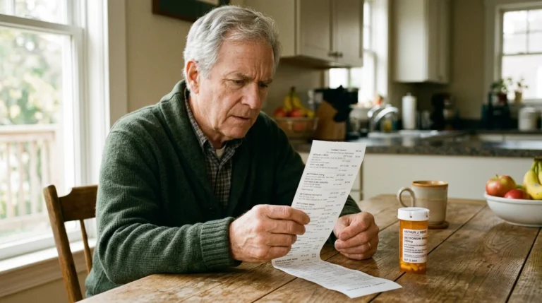 An older man at a wooden kitchen table reviews a long pharmacy receipt next to a prescription bottle in warm morning light.