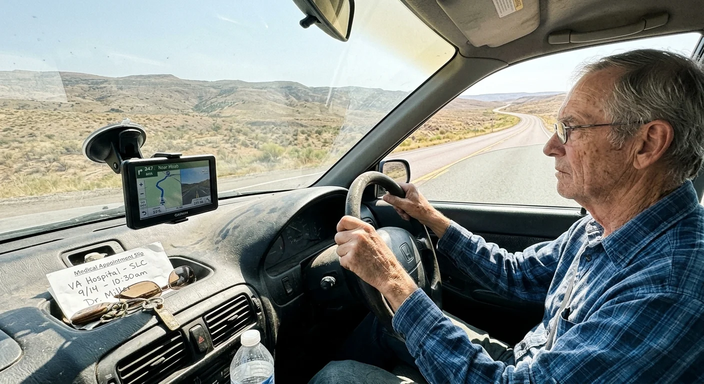 An older man drives down a long, empty rural highway, reflecting the burden of traveling long distances for specialist care.